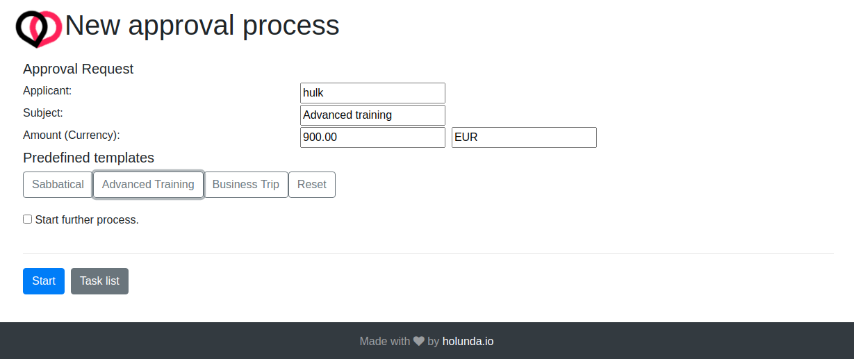 New approval process start form